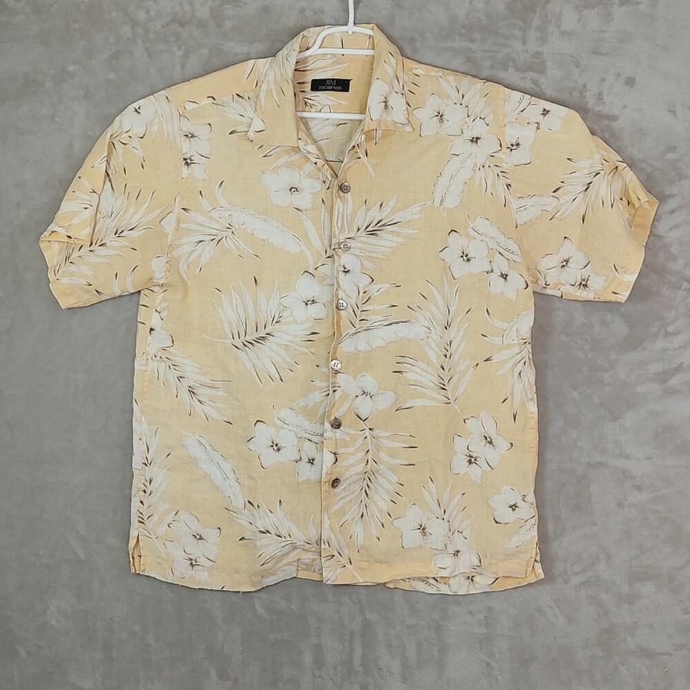 Jim Thompson Men's Large Yellow Linen Hawaiian Resort Camp Shirt Tropical Floral